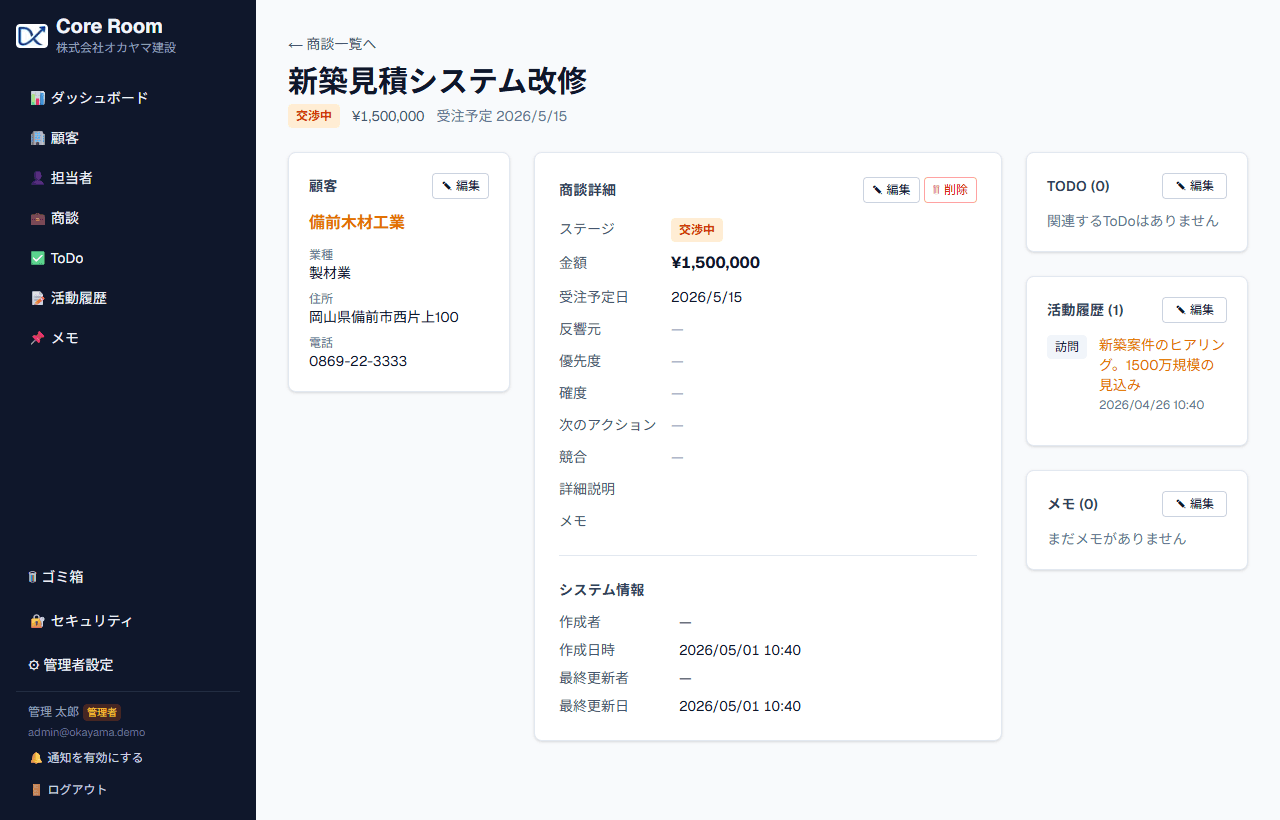 商談詳細画面。顧客情報・商談詳細・関連ToDo・活動履歴・メモが1つの画面にまとまる